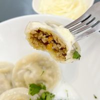 Vegan pelmeni (dumplings) with soya filling, served with vegan mayo at BORSHÖF in Yerevan