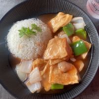 Sweet answer sour tofu with steamed white ricee  at Mrs. Miyagi's in Tenerife