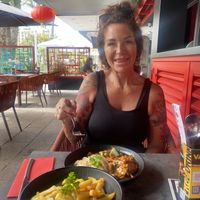 My mum ready to tuck in   at Mrs. Miyagi's in Tenerife