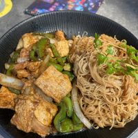 Tofu with black pepper sauce and rice noodles   at Mrs. Miyagi's in Tenerife