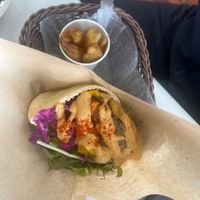 Sensational “falafel sandwich” with the spicy tahini   at Roots Cafe in Hakuba