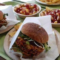 Tempura burgers and wedges. at Roots Cafe in Hakuba