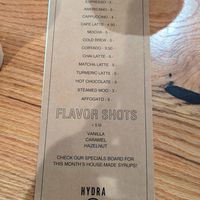 Menu at Hydra Coffeehouse in Rochester