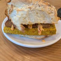 Vegan breakfast sandwich on an everything roll at Hydra Coffeehouse in Rochester