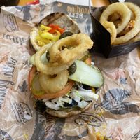 Vegan Burger topped with Onion Rings  at Harvey's  in Ottawa