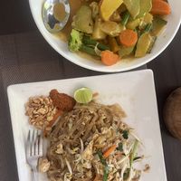 Tofu pad Thai and vegetable curry   at Bamboo Garden Restaurant  in Luang Prabang