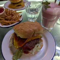 vegan burger and raspberry milkshake (oat milk) at PNY  in Lyon