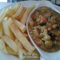 Vegetable curry and chips at Sinners Cafe in Berwick Upon Tweed