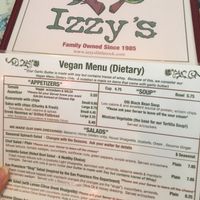 separate vegan menu at Izzy's in Little Rock