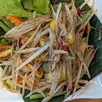 ตำปลาร้า tam plaa raa (som tam with fermented faux fish paste) at Tammang Isaan Vegan - ตำมัง อีสาน เจ มังสวิรัติ วีแกน in Bangkok