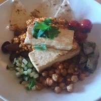 Tofu Souvlaki Couscous Bowl - NO Feta, NO sauce - za'atar spiced couscous, cucumbers, marinated artichoke, Kalamata olives, spiced chickpeas at Universal Studios - Mythos Restaurant in Orlando
