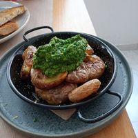 The smashed new potatoes with homemade spinach and almond pesto at Cult n' Art Café in Alvor