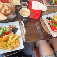 Vegan breakfast. Coffee from Café across the street   at Hisko Home Foods in Istanbul