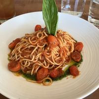 Vegan Spaghetti Pomodoro. Excellent. The house made marinara is beyond ordinary. The grape tomatoes and pesto compliment the dish well. at Pinstripes in Edina