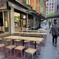 Sheltered laneway seating. Goldsbrough Laneway  at Amie Bakery Cafe in Melbourne