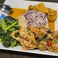 Three choices from the buffet with rice, 44 baht  at Vegetarian Food - Pier 21 in Nakhon Ratchasima