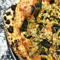 Vegan "tuna" pizza by Danya and Nikita (special, 29th March, 2024): chickpea "tuna", pickled nettle, john-jolie, sesame, tomato and cashew sauce at Daner Pizza in Tbilisi