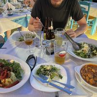 Pilaf, Tabouleh (behind beer), white beans in tomato sauce and salad (without parmesan - it would be vegan)  at Apiko - Απίκο in Kavala