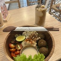 Falafel bowl and iced coconut coffee   at iVegan Supershop Old Quarter Hanoi - Healthy Plant Based Cafe in Hanoi