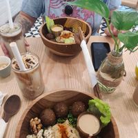 Falafel bowl with coconut coffee at iVegan Supershop Old Quarter Hanoi - Healthy Plant Based Cafe in Hanoi