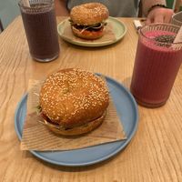 Blueberry muffin smoothie, pink dragonfruit smoothie, tempeh bagels   at iVegan Supershop Old Quarter Hanoi - Healthy Plant Based Cafe in Hanoi