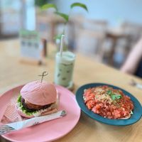 vegan burger & spaghety at iVegan Supershop Old Quarter Hanoi - Healthy Plant Based Cafe in Hanoi