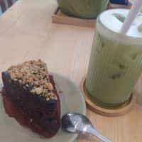 Choco Cake and matcha latte at iVegan Supershop Old Quarter Hanoi - Healthy Plant Based Cafe in Hanoi