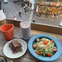 Zucchini pesto pasta, extra tempeh and blueberry protein shake  at iVegan Supershop Old Quarter Hanoi - Healthy Plant Based Cafe in Hanoi