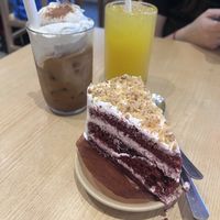 Pistachio cream latte, fresh juice and red velvet   at iVegan Supershop Old Quarter Hanoi - Healthy Plant Based Cafe in Hanoi