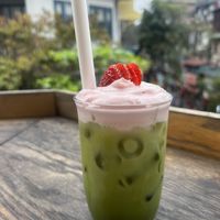 Matcha with strawberry cold foam  at iVegan Supershop Old Quarter Hanoi - Healthy Plant Based Cafe in Hanoi