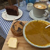 Vegan chocolate cake, vegan soup and roll & vegan butter with soya latte at Braxton Gardens and Tea Rooms in Lymington