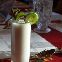 Douch (refreshing yoghurt drink with mint, cucumber, and a pinch of salt) (vegan) at Weissberg Restaurant in Saarbrucken