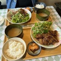 Grilled meat set with fried tempeh, miso soup and rice - great portion size!  at Silver Backs Cafe in Kyoto
