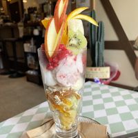 Parfait with ice cream and cream and other yummy treats   at Silver Backs Cafe in Kyoto