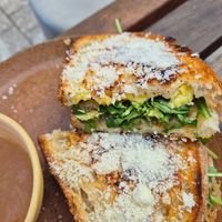French onion toastie $17?: onion relish, cheese, rocket w/french onion soup: very nice at Ballsy Tea in North Sydney