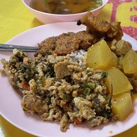 Three choices from the buffet with rice, 45 baht  at Vegetarian Food For Health in Nakhon Ratchasima