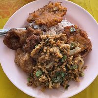 Three choices from the buffet with rice (including a free soup), 40 baht  at Vegetarian Food For Health in Nakhon Ratchasima