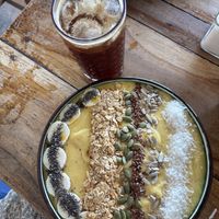 Smoothie bowl and coffee  at Cafe Sarwaa in Varkala