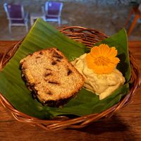 Banana cake with peanuts ice cream at Passiflora in Morro De Sao Paulo