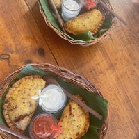 Pastel de jaca with 2 different sauces  at Passiflora in Morro De Sao Paulo