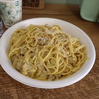 Carbonara vegan at E'den in Turin