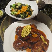 Vegan orange chicken and broccoli with garlic sauce   at Wu Yang in Lake Grove