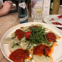 Fresh pasta with basil pesto and tomato sauce #vegan  at Fire & Ice in Ischgl