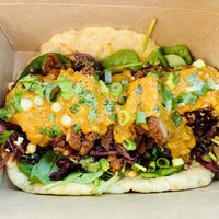 Katsu seitan flatbread   at The Station Coffee + Kitchen in Stokesley