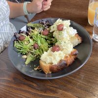 Whipped feta, roasted red grapes, focaccia and salad  at The Station Coffee + Kitchen in Stokesley