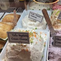 Three types of tofu cream cheesee at Rico Bagel in New York City