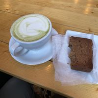 Banana bread and lavender matcha lattee  at Madame Bonté in New York City