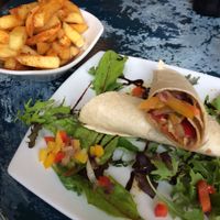 Satay veg wrap and spicy chips at Cafe Arriba in Isle Of Skye