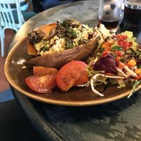 Baked Sweet Potato with hummus, mushrooms and a side salad at Cafe Arriba in Isle Of Skye