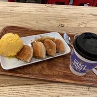 Mango sorbet; Ho-dduk (Korean donut), and coffee at Grace Street Coffee & Dessert in New York City